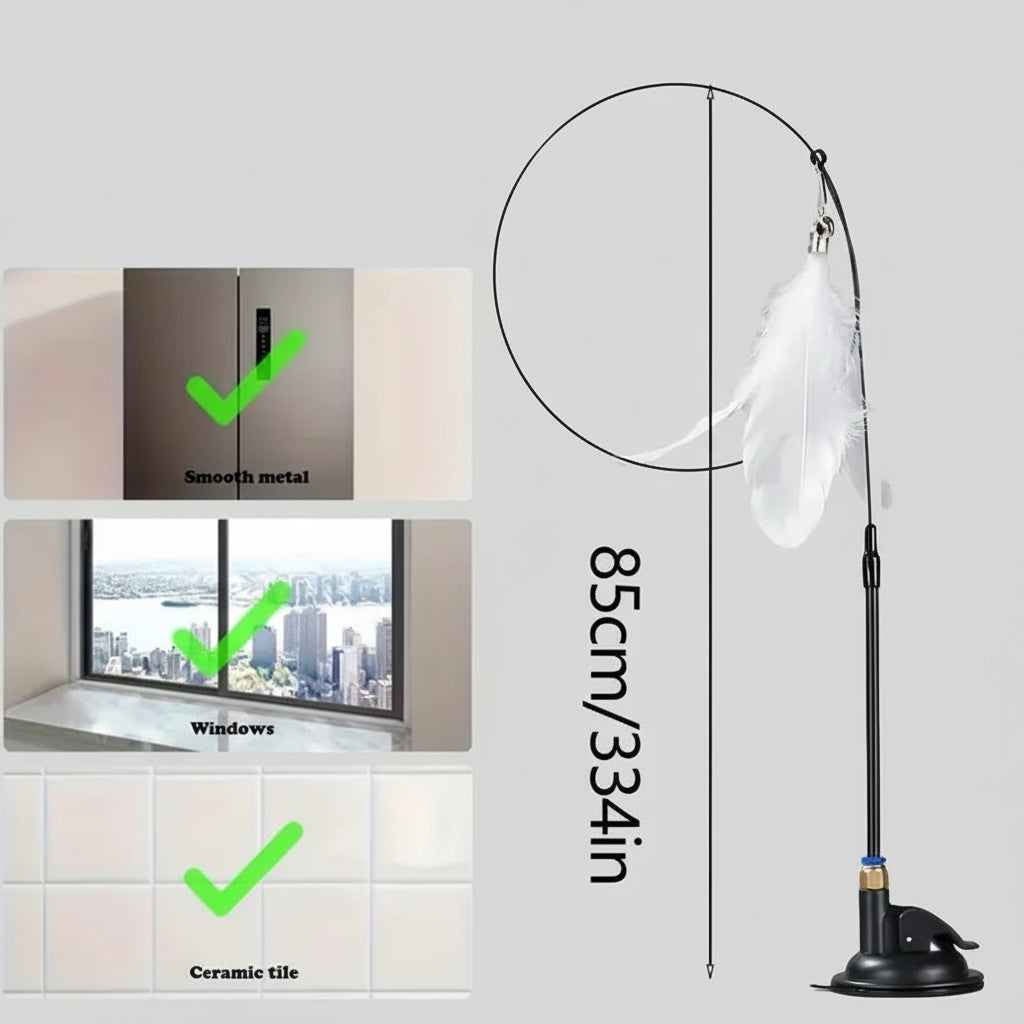 Feather duster with height measurement and compatibility checkmarks for metal, glass, and ceramic surfaces.