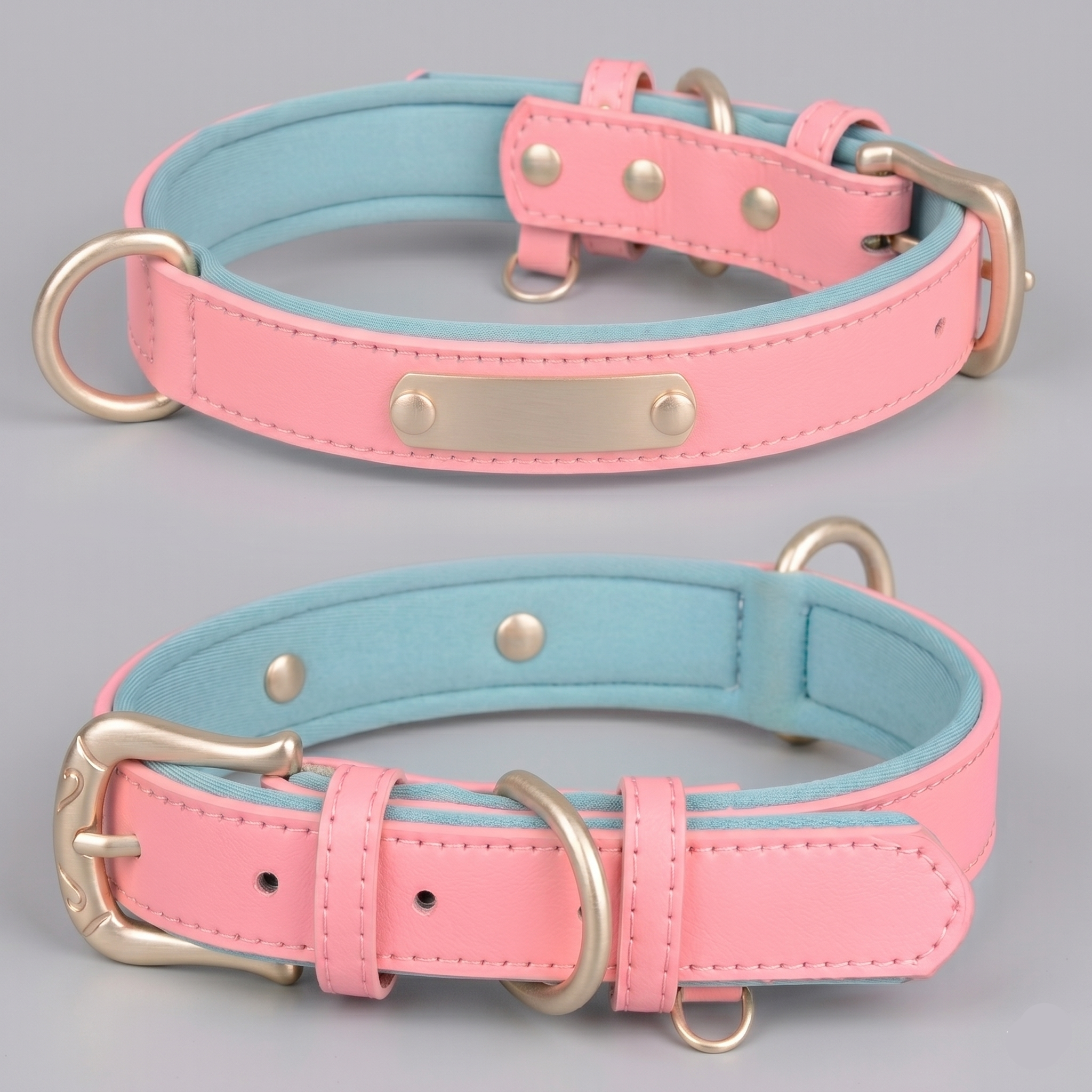 Dual D-Ring PU Leather Dog Collar with Nameplate