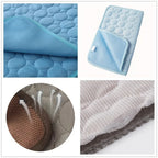 Collage of a blue quilted mat with close-up details on a white background