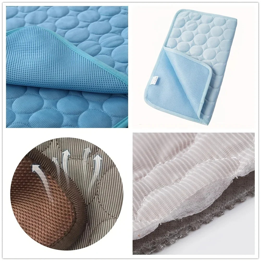 Collage of a blue quilted mat with close-up details on a white background