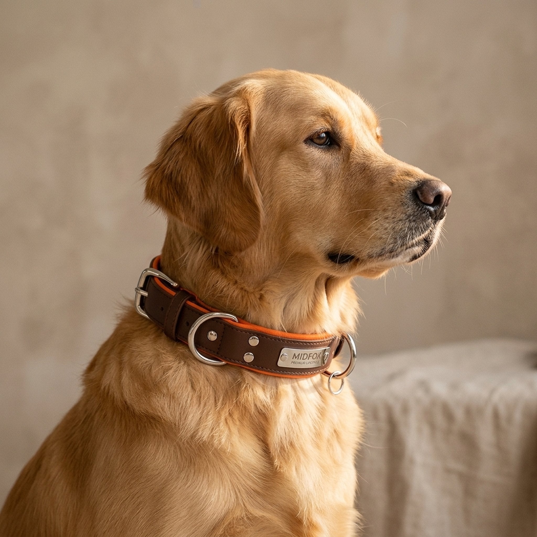 Calm golden retriever wearing leather collar