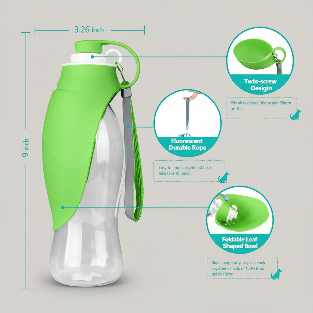 Teal pet water bottle with measurements and features on a white background