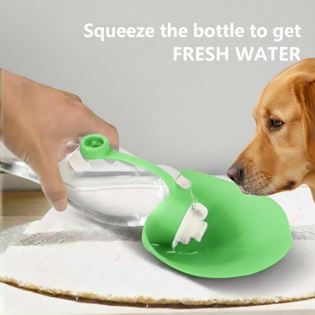 Teal water bottle with a dog drinking from it, hand squeezing the bottle.