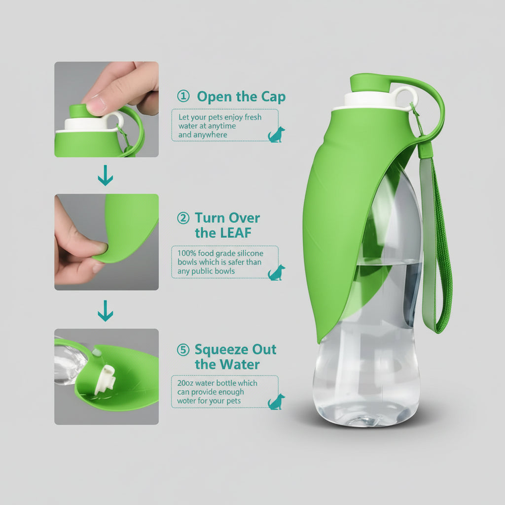 Teal pet water bottle with instructions on how to use it