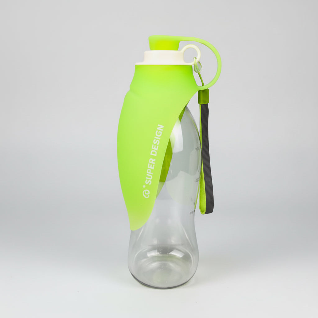 Green and clear water bottle with a strap on a white background