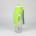Green and clear water bottle with a strap on a white background