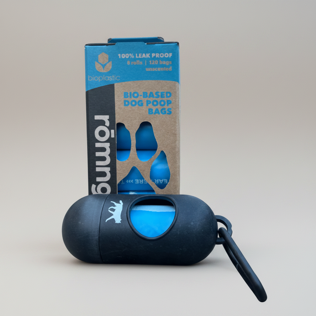 Eco Friendly dog poop bags + bamboo dispenser