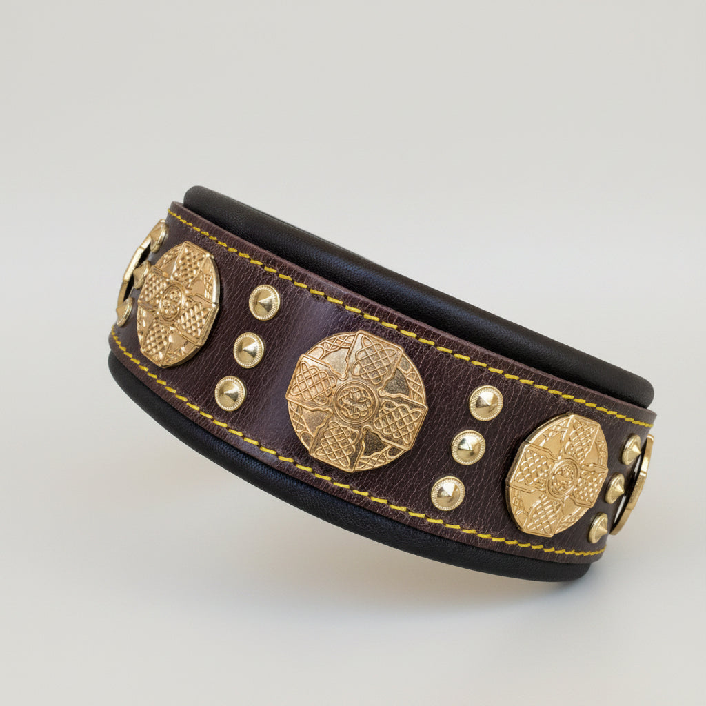 The "Maximus" collar 2.5 inch wide brown & gold